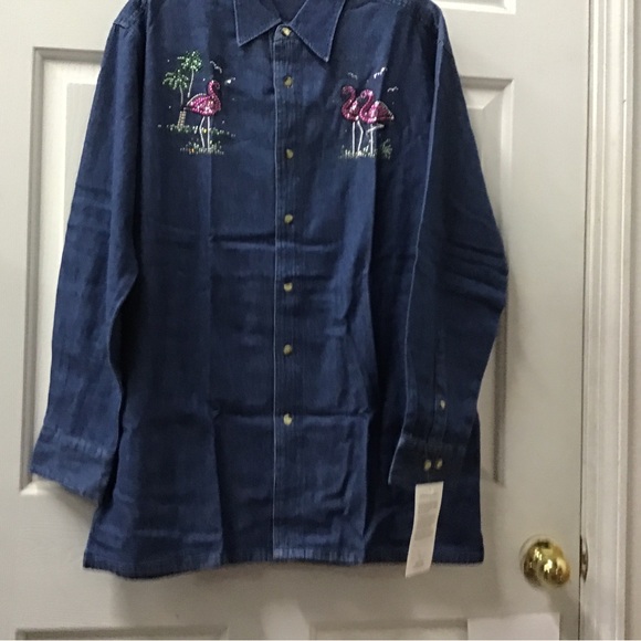 NWT dark denim blouse jacket pink flamingos Swarovski Crystal - Picture 4 of 4